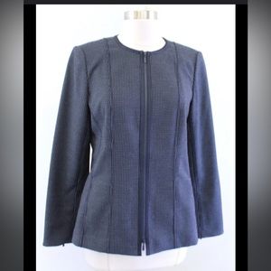 Lafayette 148 New York Blue Polka Dot Zip Front Collarless Blazer Jacket